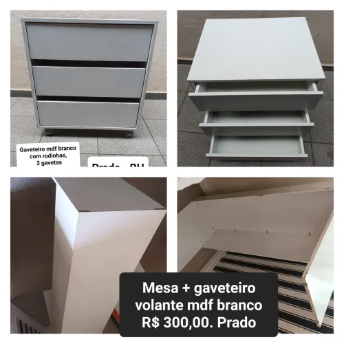 Gaveteiro rodinhas + mesa branca mdf