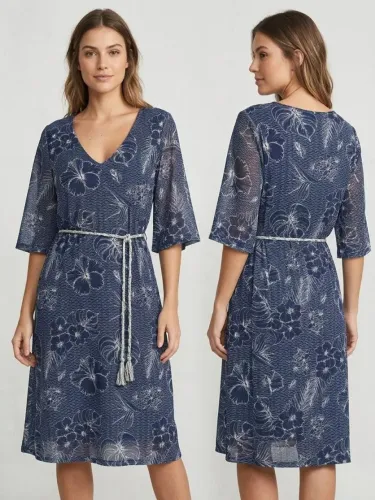 Vestido Azul com amarra na cintura e manga transparente 
