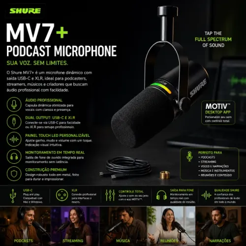 Microfone Shure MV7+ para PC, Podcast, Streaming e Gravações