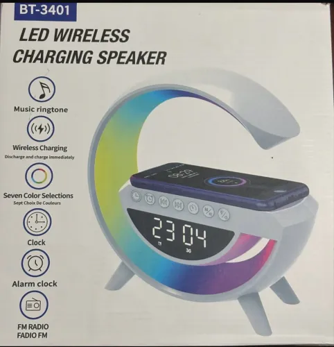 Luminária LED JDX Tech G-SPEAK Carregamento sem fio Bluetooth som e relógio
