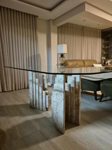 Mesa de Jantar de Luxo 2,00m x 1,00m - Vidro e Pedra Travertino