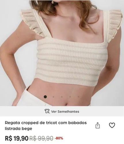 Regata cropped com babados listrada bege-Riachuelo 