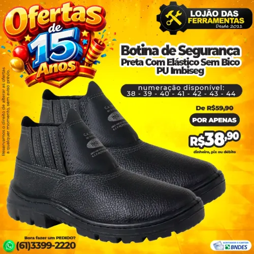 Botina de Segurança Preta Com Elástico Sem Bico PU Imbiseg