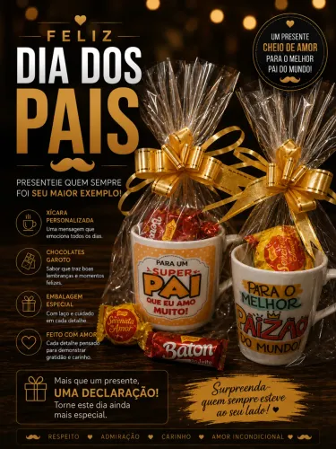 Kit Presente Dia dos Pais, Xícara Personalizada com Chocolates