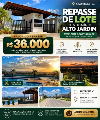 REPASSE DE LOTE - CONDOMÍNIO ALTO JARDIM | ARAPIRACA