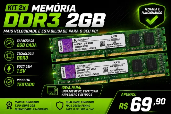 Kit 2 Memórias RAM Kingston DDR3 2GB 1333MHz Desktop