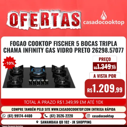 FOGAO COOKTOP FISCHER 5 BOCAS TRIPLA CHAMA INFINITY GAS VIDRO PRETO FERRO FUNDIDO