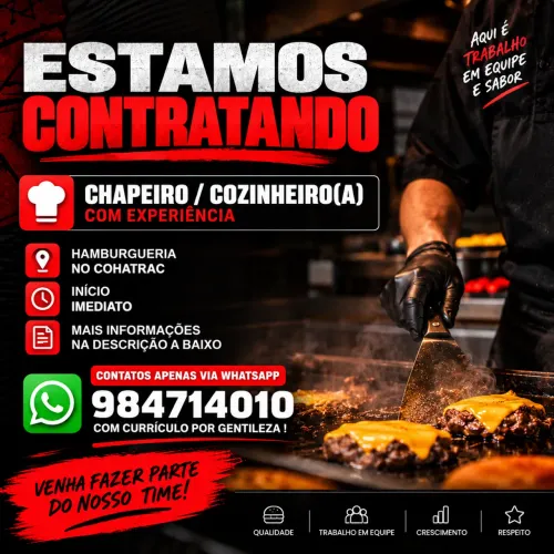 Vaga para Chapeiro/Cozinheiro e aux cozinha(a) Profissional