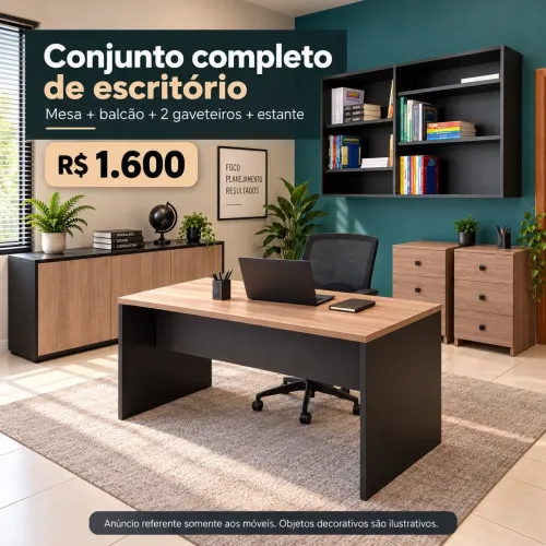 Conjunto completo de escritório em MDF 18 mm | 5 peças - R$ 1.600