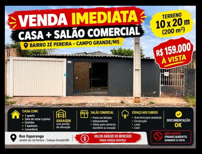 VENDA IMEDIATA CASA+SALÃO COMERCIAL R$ 159.000 À VISTA