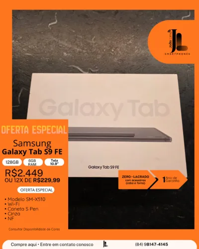 GALAXY TAB S9 FE, 128GB, 6GB RAM, TELA 10.9 POL., LACRADO, EXCLUSIVO!