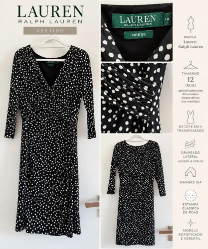 Vestido Lauren Ralph Lauren Preto com Poás Brancos
