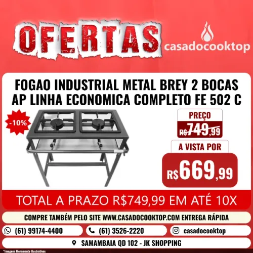 Fogao industrial metal brey 2 bocas ap linha economica completo fe-502-c