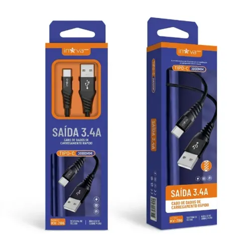 Cabo USB-C Inova Prime 3 Metros - Saída Turbo 3.4A Ultra Resistente
