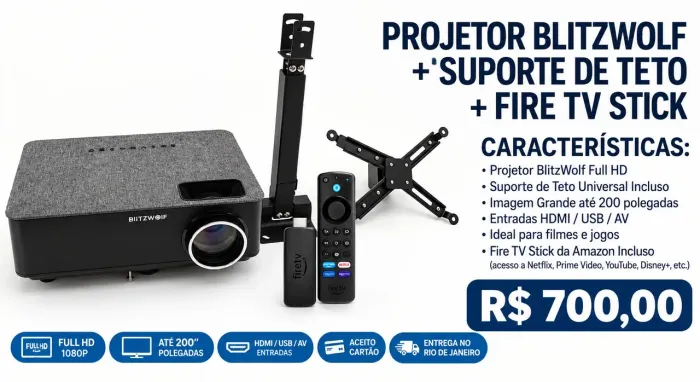 PROJETOR BLITZWOLF + SUPORTE DE TETO + FIRE TV AMAZON