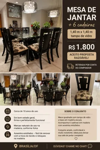 Mesa de Jantar 1,40 X 1,40m com 6 cadeiras e tampo de vidro