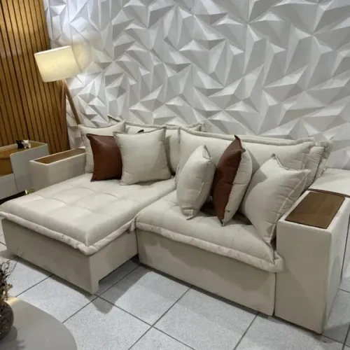 Sofá Cama Tebas Linho Marfim 12/Courino Dallas 07 -  2,50 CM INNOVE ESTOFADOS