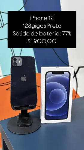 iPhone 12 / 128 GB / Preto / Saúde de bateria 77% / Loja fisica