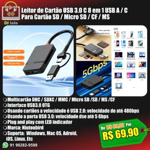Leitor de Cartão USB 3.0 C 8 em 1 USB A / C Para Cartão SD / Micro SD / CF / MS