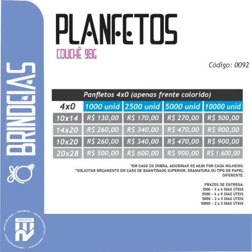 Panfletos Couchê 90G 4x0 - Brindes Personalizados Brindeias