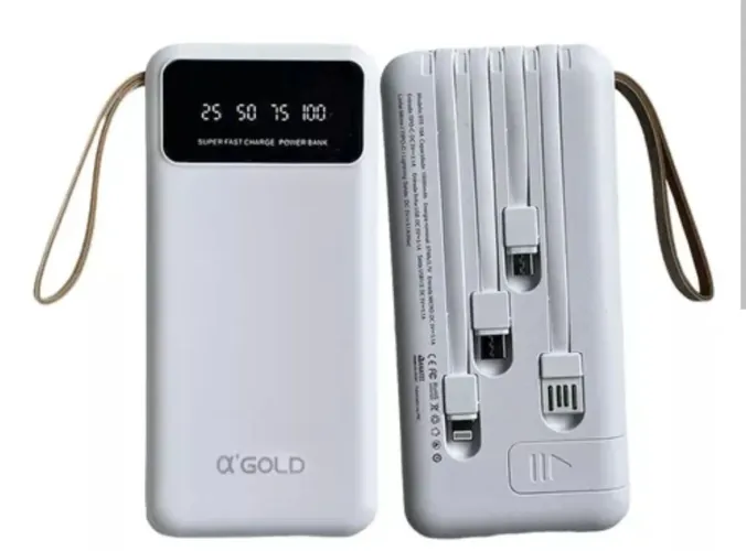 Power Bank Portátil 10000 mAh com Cabos - A'Gold