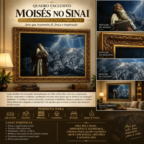 Quadro Decorativo de Parede Moisés no Sinai Moldura Dourada Grande Luxo