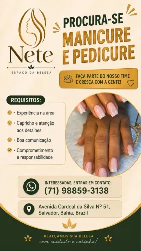 ? VAGA PARA MANICURE E PEDICURE - NETE ESPAÇO DA BELEZA