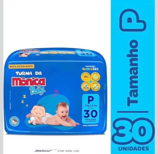 Kit com 5 pacotes de Fralda Turma da Mônica Baby - Tamanho P (3 a 5 kg)