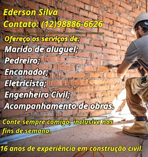 Ofereço os serviços de: pedreiro, encanador, eletricista, pintor, acompanhamentode obras.