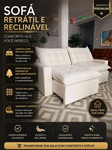 Sofá 2 Metros Retrátil e Reclinável 