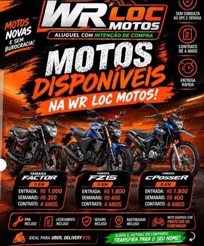Locação com intenção de compra / Yamaha Factor DX 2027/ FZ15 2027/ CROSSER 2027