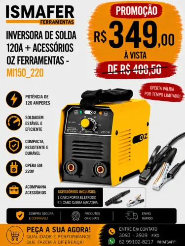 INVERSORA DE SOLDA 120A + ACESSORIOS OZ FERRAMENTAS - MI150_220