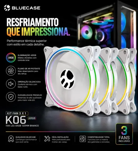 KIT 3 FANS ARGB CONTROLAVEL WHITE K06ARGB LED 120MM BLUECASE