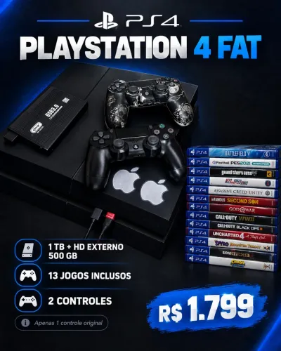 PS4 FAT 1TB + HD EXTERNO 500GB + 13 JOGOS + 2 CONTROLES