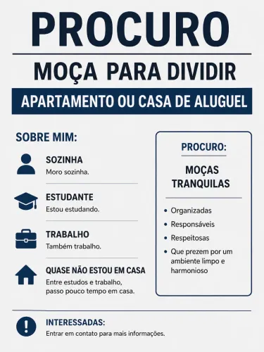 MOÇAS PARA DIVIDIR APARTAMENTO OU CASA