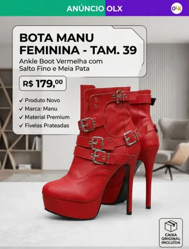Bota Ankle Boot Manu Vermelha com Fivelas (Salto Alto / Meia Pata) - Nº 39