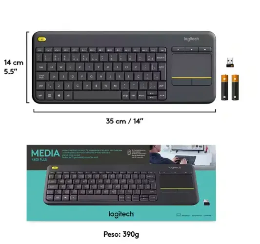 Teclado sem fio Logitech K400 Plus TV com Controle Easy Media e Touchpad Integrado, Conexã