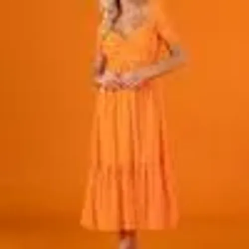 Vestido midi mangas bufantes laise (laranja) - angel - novo na etiqueta