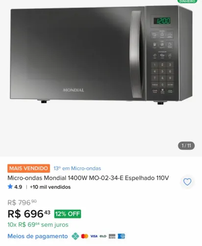 Micro-ondas Mondial 1400W MO-02-34-E Espelhado 110V
