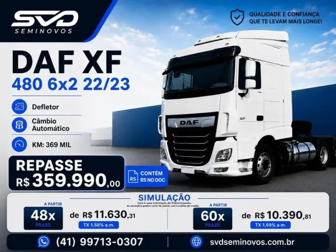 DAF XF 480 6X2 ANO 2023 - 369 MIL KM - KIT DEFLETOR - REPASSE - RS NO DOCUMENTO