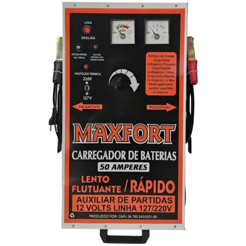 Carregador de baterias 50/a. 12 volts com auxiliar de partidas