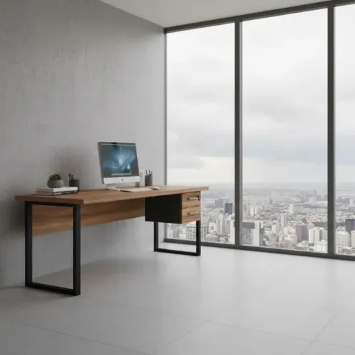 Mesa Escritório Pé Quadro C/ Gavetas Nogal Sevilha/Preto Design Moderno 24475