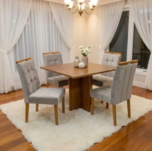 Conjunto Mesa de Jantar Verona 100 com 4 Cadeiras Veludo Bege