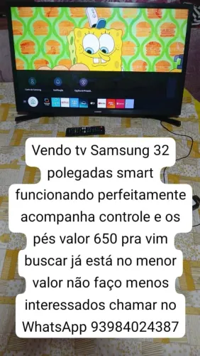 Vendo tv Samsung 32 polegadas smart funcionando perfeitamente valor 650 pra vim buscar
