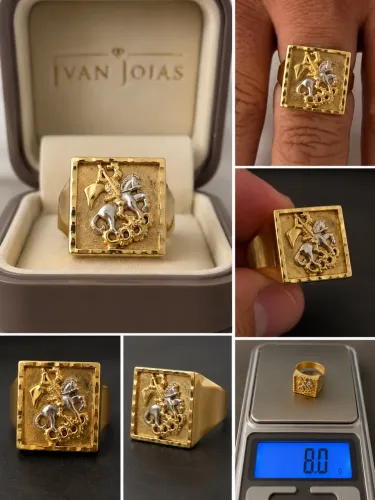 ANEL SÃO JORGE EM OURO AMARELO E BRANCO 18K | ACABAMENTO DIAMANTADO