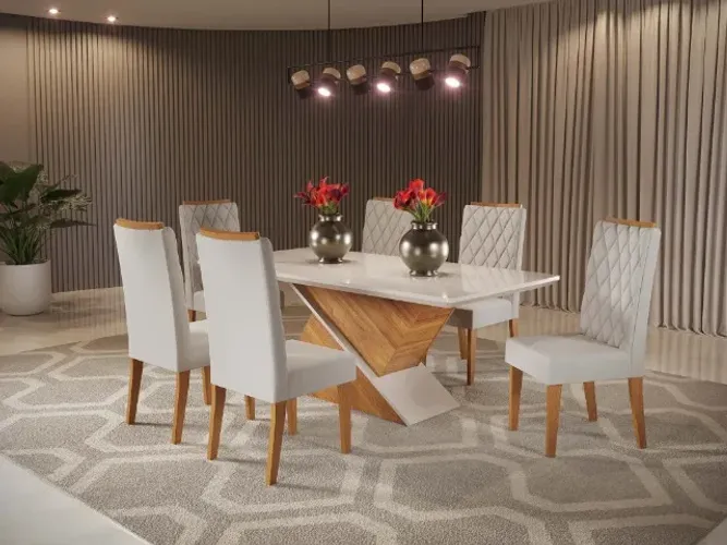 Mesa de Jantar Aurea c/ 6 Cadeiras Iza Até 12x