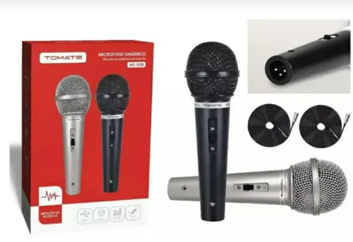 Kit 2 Microfones Tomate Mt-1028 Dinâmico P10 Cor Preto/cinza. Novo sem uso e na caixa.