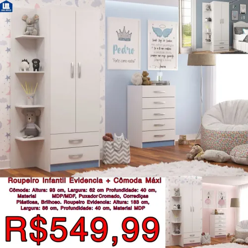 Guarda-Roupa Infantil Evidencia + Cômoda Máxi Branco