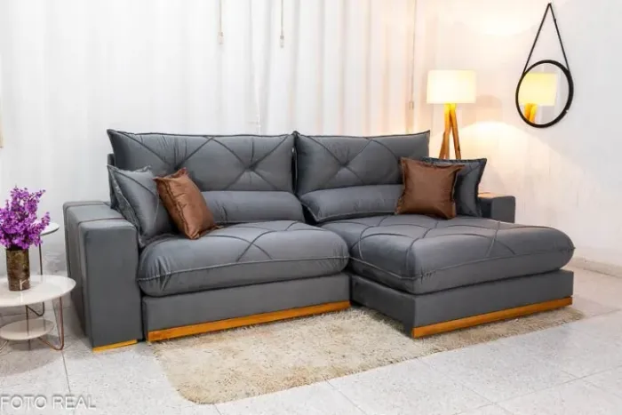 Sofá Retrátil Reclinável 2.90m Gran Bello Veludo Cinza - D33 e Molas Ensacadas