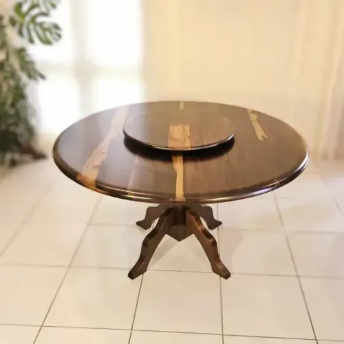 Mesa De Jantar Redonda Com Prato Giratório Demolição Canela 140cm 6 Lugares